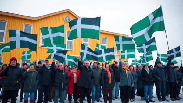 People in Greenland waving flags during a snowy gathering.