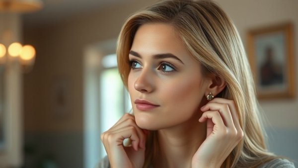 Thoughtful young woman adjusting earrings in a calm setting.
