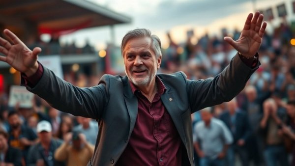 Leader at outdoor rally discussing pro-MAGA PACs war chest.