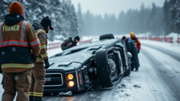 Emergency responders handle an incident with snow on Midwest Northeast road.
