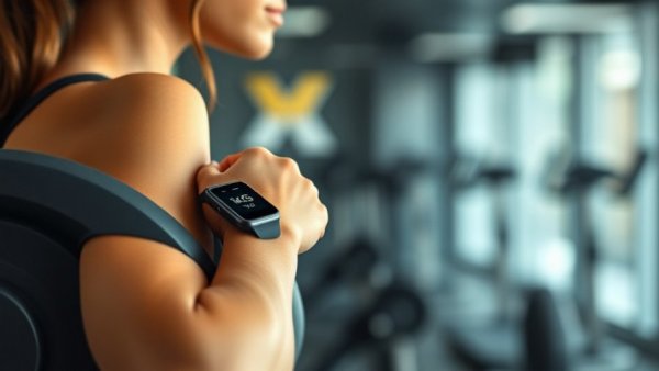 Woman with smartwatch and weight plate in gym, focusing on personalized wellness.