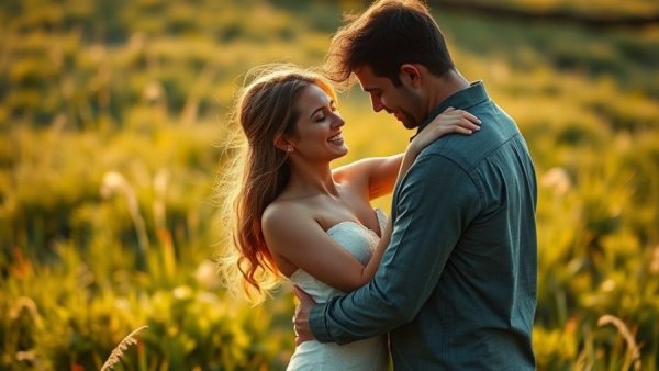 Romantic couple sharing a dance in outdoor settings.