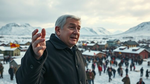 Political speech overlay on Greenland town with crowd and flags.