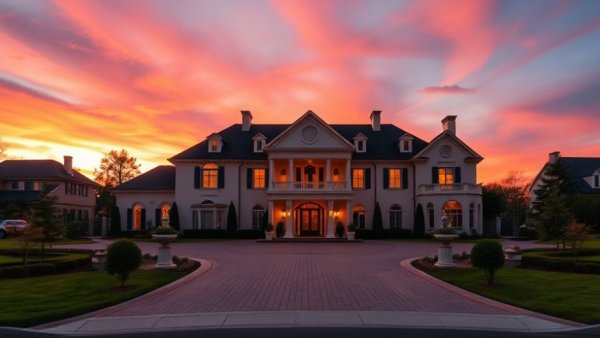 Luxury mansion in Houston real estate market at sunset.