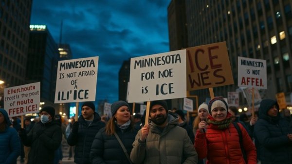 Night protest against ICE in Minnesota, highlighting immigration policy.