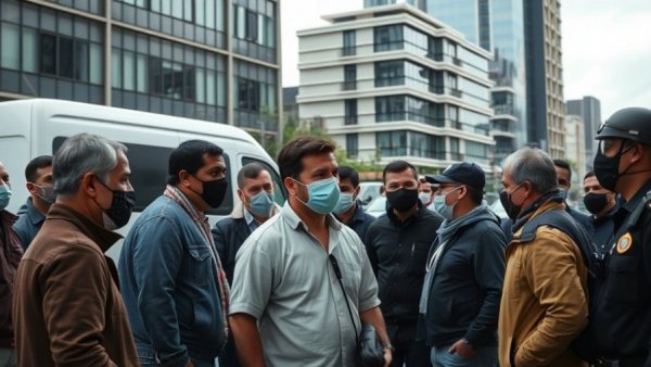 Urban scene of men interacting with police, reference to Texas immigration policy.