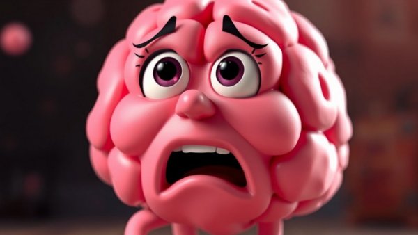 Vivid pink cartoon brain in shock, referencing 'Coffee Stealing Your Energy'.