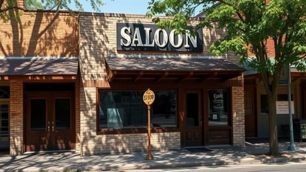 Charming rustic saloon in a small town, closed midday.