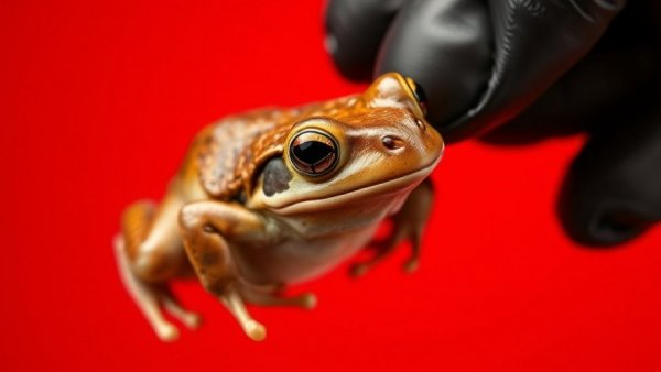 Frog held in black-gloved hand, red background, frog meat trade context.