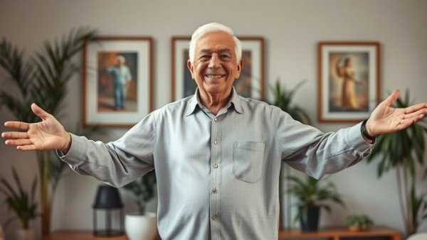 Elderly man standing with arms out for mental wellness for seniors.