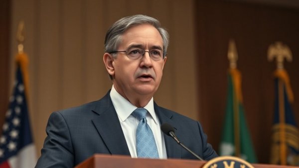 Man addressing audience in formal setting, possibly related to Trump's Tariff Threat on Greenland.