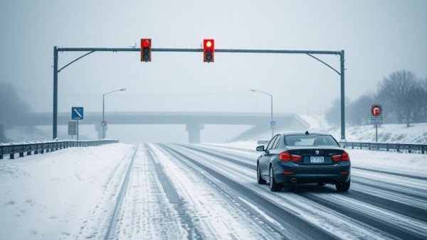 US news today: snowy road conditions with traffic at overpass.