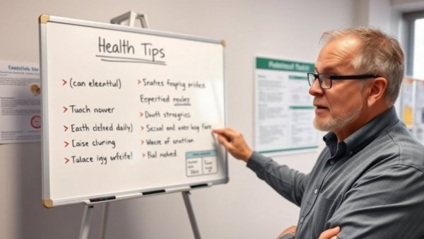 Middle-aged man explaining health tips on preventing cancer, indoor presentation.