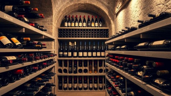 Wine bottles stacked in concrete racks; Trump threaten tariffs on French wine.