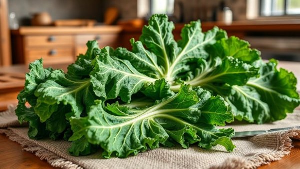 Fresh kale ready for slicing with antioxidants. Delay menopause with antioxidants.