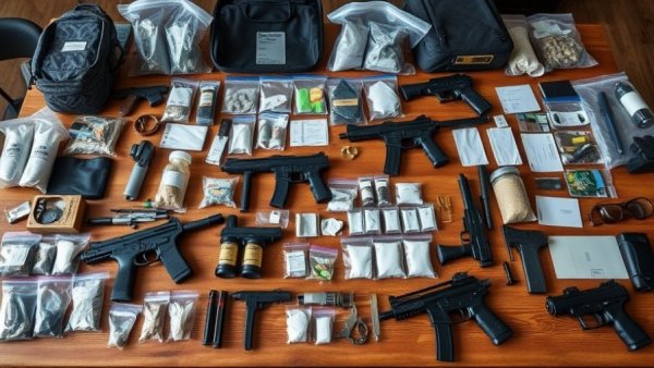 Narcotics raid Lakehills evidence displayed on a table.