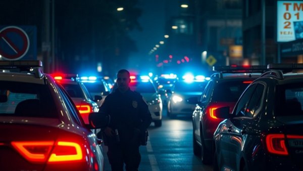 Nighttime police scene in San Antonio with officers and patrol cars, highlighting San Antonio Crime Reports