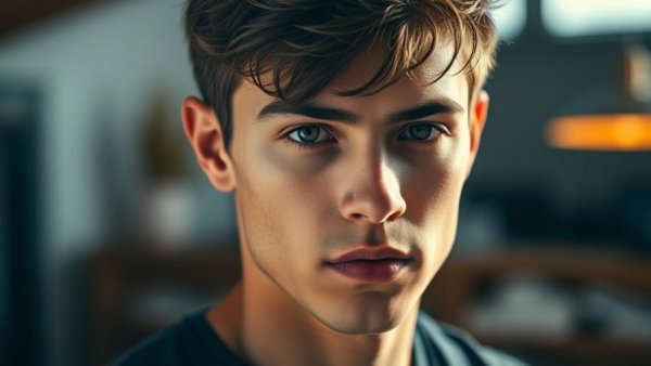 Young man with a serious expression in focus, blurry background.