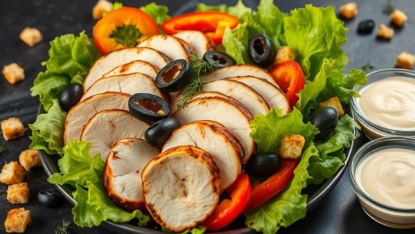 Grilled chicken salad with olives and colorful veggies in a rich setting.