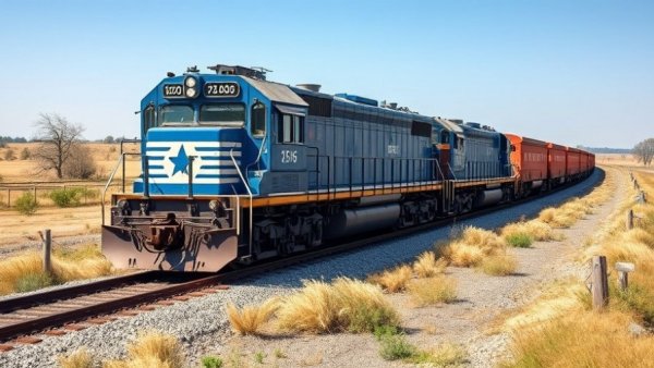 Blue train under clear sky in rural Manor, Texas.
