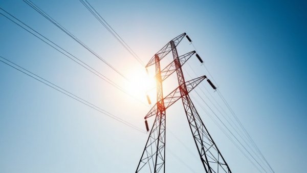 Electrical pylon during sunny day, Houston winter storm preparation concept.