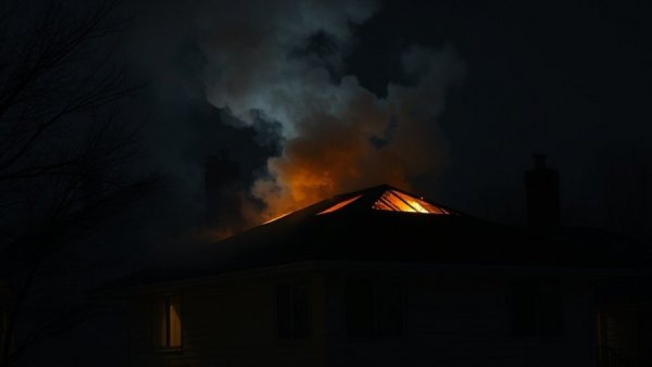 House fire in Northeast Houston with smoke and dim lighting