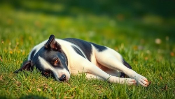 Calm stray dog resting peacefully in a grassy field.