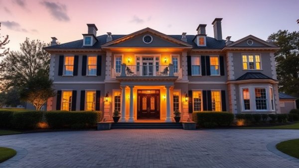 Elegant River Oaks mansion entrance at twilight with warm lighting.