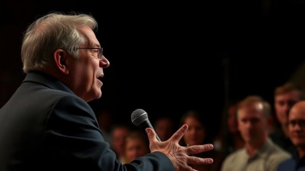 Dramatic portrait of a speaker addressing an audience, capturing the essence of U.S. foreign relations.