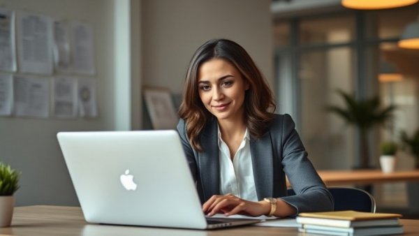 Health IT expert enhancing star ratings on a laptop in a modern office.