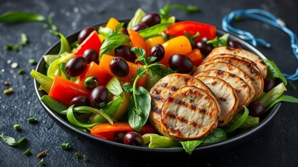 Grilled chicken salad with olives and oranges on a dark table.