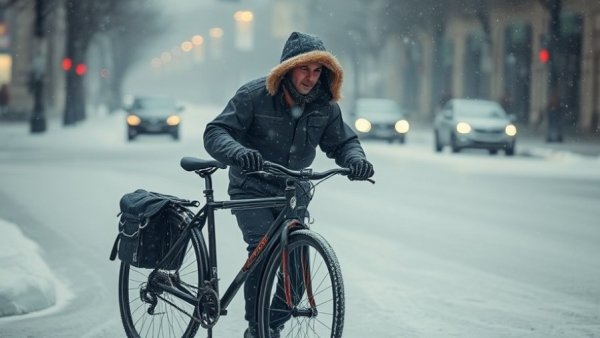 Person with bicycle in heavy Louisville winter storm.