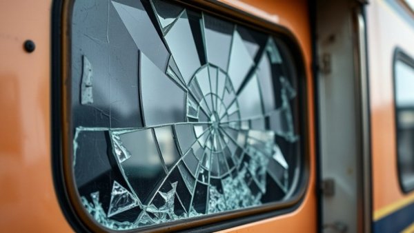 Damaged train window from tragic Spanish train wreck.