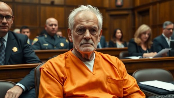 Courtroom scene with an older man in orange attire, surrounded by legal officials, Timothy Busfield child sex abuse case.