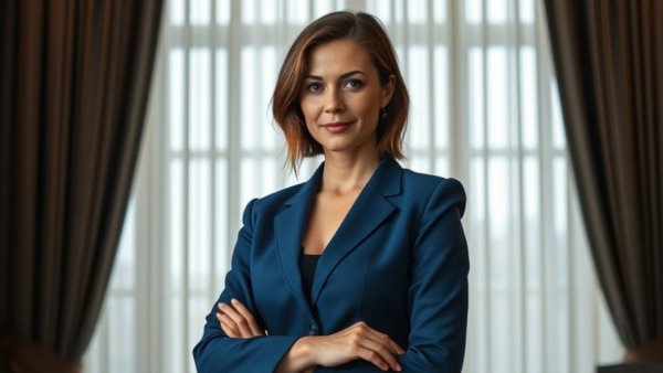 Professional woman standing indoors with elegant curtains, Lindsey Halligan judicial controversy context.
