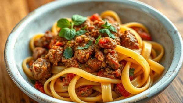 Wide pappardelle pasta in rustic bowl at an Austin Italian restaurant