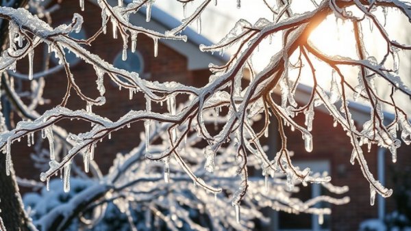 Ice-covered tree branches during winter storm in Texas.