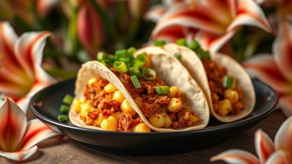 Kimchi Mid-Day Breakfast Tacos with eggs and garnish.