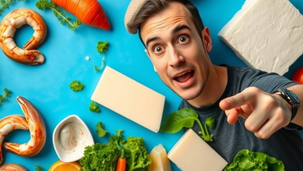 Colorful no carb foods selection with surprised man illustrating zero sugar foods.