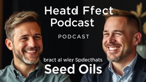 Podcast cover on seed oils health impact with two speakers.