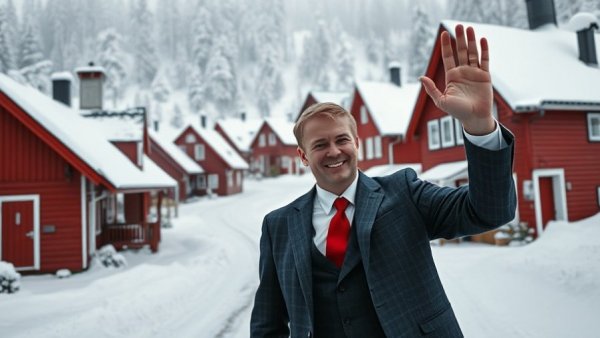Snowy village and person waving, symbolizing US-China relations.
