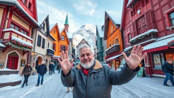 Snowy European village and waving man, reflecting appeasement dynamics.
