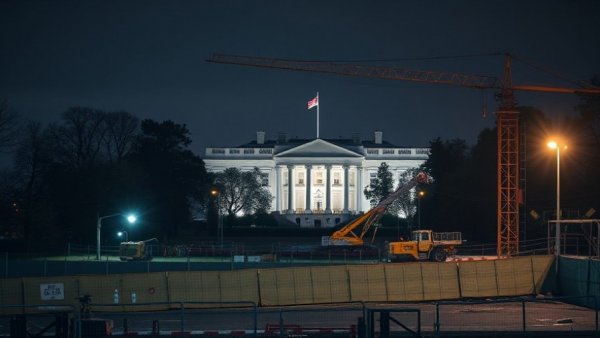 Nighttime White House construction with cranes and barriers.