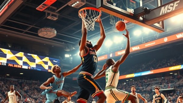 Exciting NBA action with players competing for a slam dunk, Top Plays of the Night.