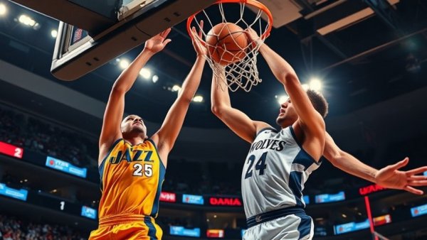 NBA Top Plays: Intense basketball action with Jazz and Wolves players at the rim.