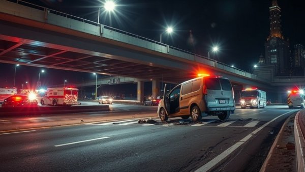 Emergency hazmat response I-45 North at nighttime, vehicle accident scene.