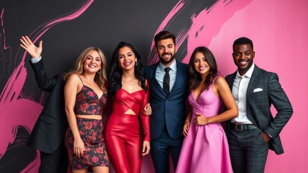 Fashionable group posing joyfully at elegant event.