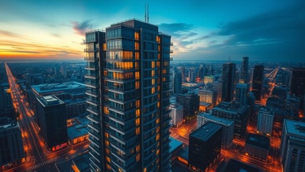 Dallas real estate market high-rise building at dusk