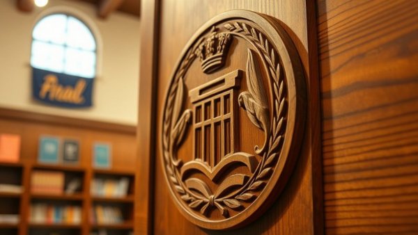 Wooden panel with school emblem in San Antonio school news.