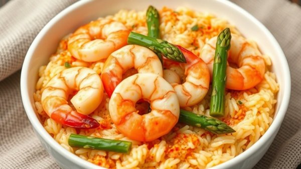 One pot risotto with shrimp and asparagus in white bowl, vibrant colors.